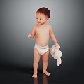 Cute Baby Standing Naked With Diaper Holding Cloth On Dark Background